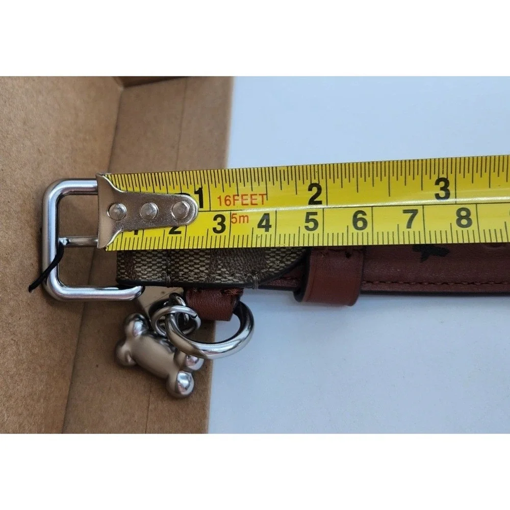 New Coach Dog Collar Medium Khaki Saddle Signature Canvas Leather CH146 J2392